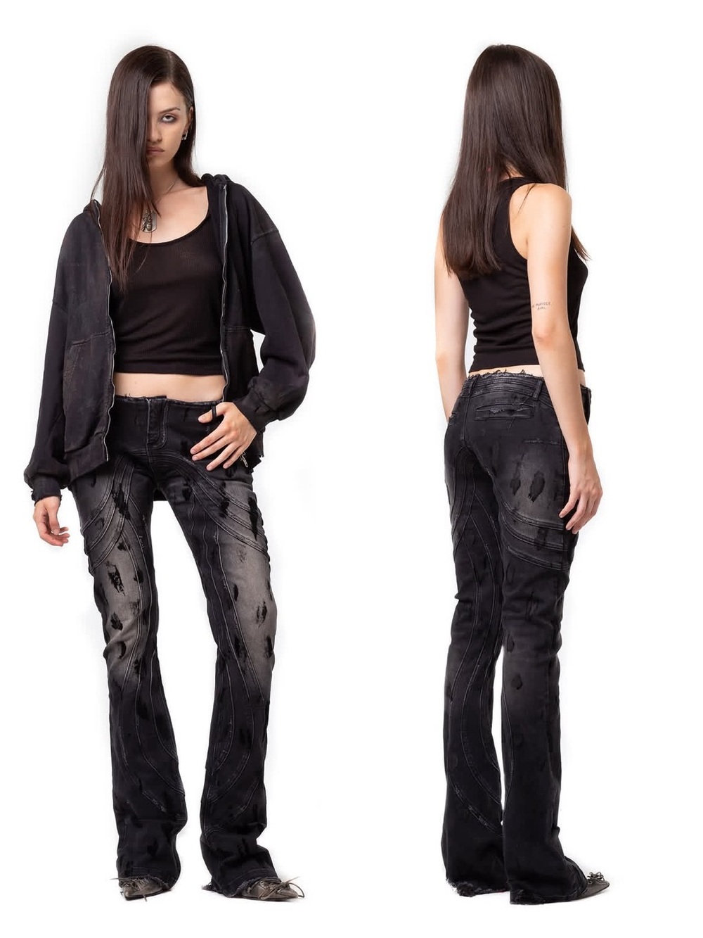 No Faith Studios Black Distressed Jeans with Curved Stitch Detailing - Picture 11 of 11